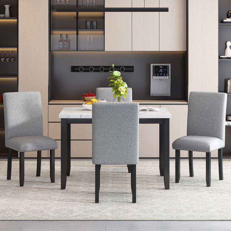 Minimalist Dining Chairs with Nailhead Trim, 5-Piece Kitchen Dining Table & Chairs Set, Black Grey Breakfast Nook