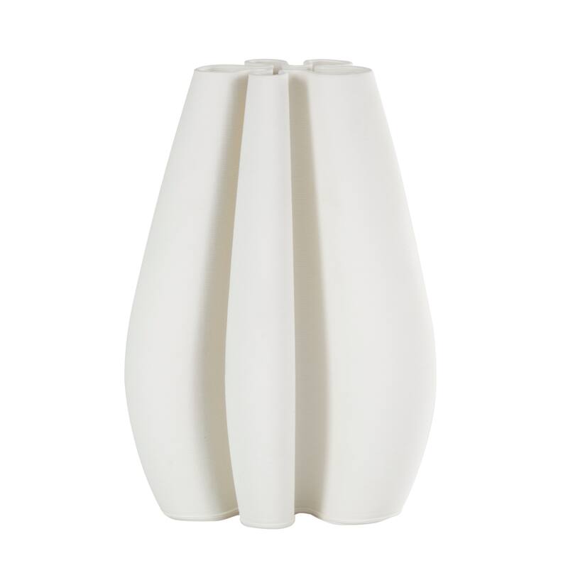 White Ceramic Ribbed Dimensional Concaved Abstract Vase with Floral Shaped Rim
