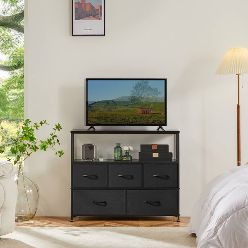 5 Fabric Drawers Dresser for Bedroom TV with Open Storage Shelf