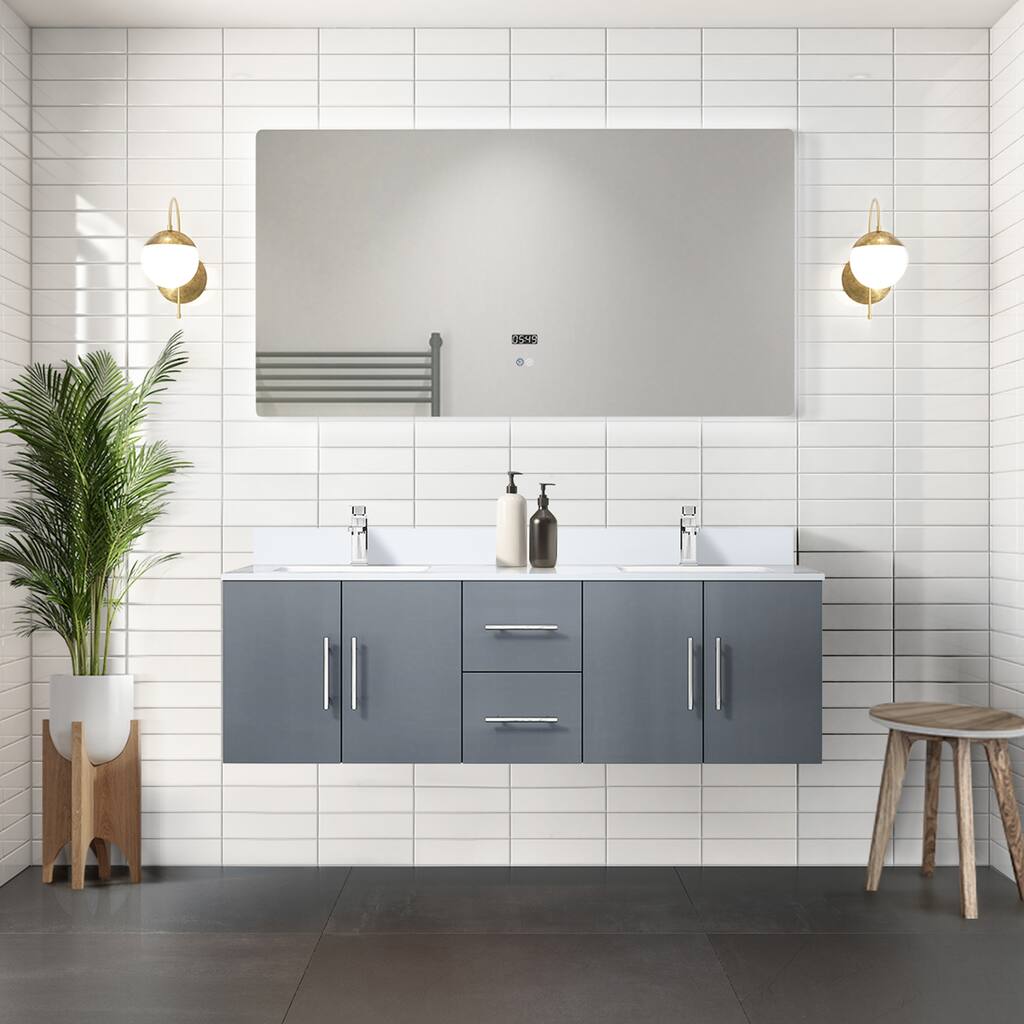Geneva 60 in. W x 22 in. D Dark Grey Double Bath Vanity, Cultured Marble Top, and 60 in. LED Mirror