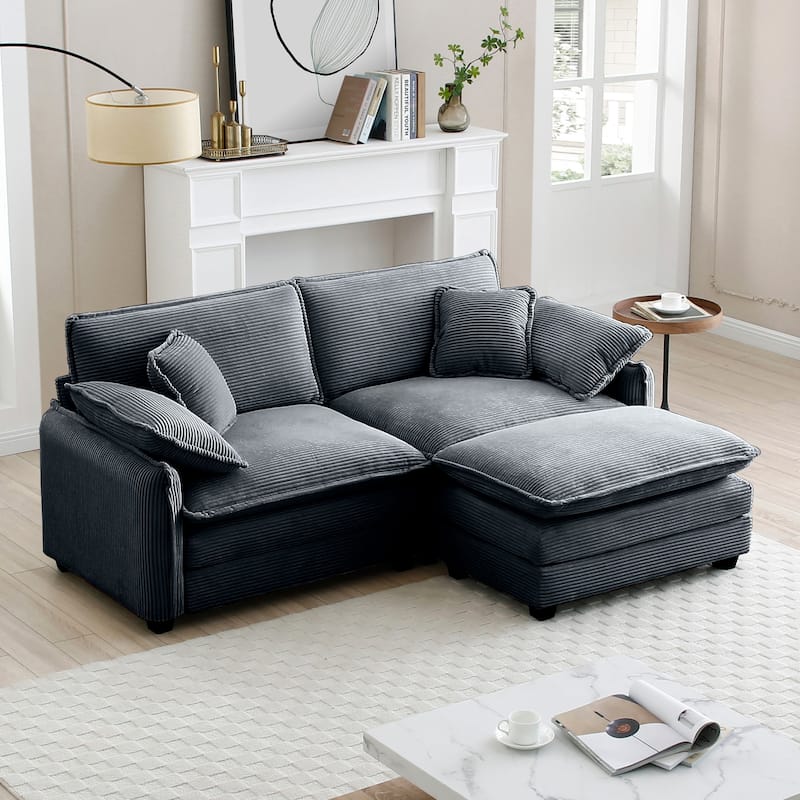 3-piece Corduroy Upholstered L-Shaped Modular Sectional Sofa with Removable Ottoman, 4 Pillows, and Free Combination - Grey