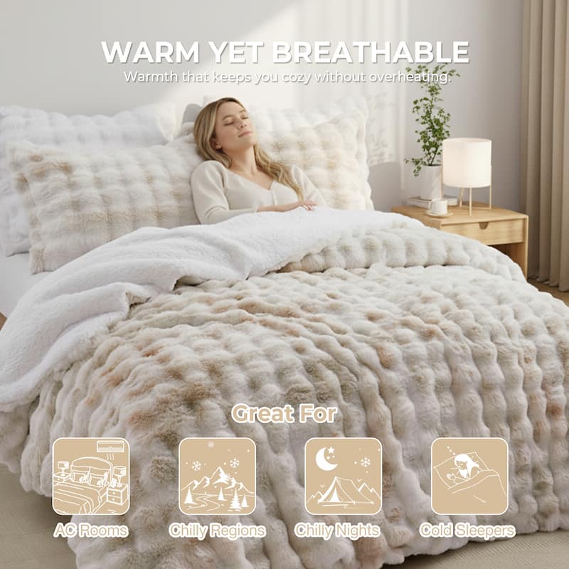 3 Pieces Fluffy Faux Rabbit Fur Comforter Set, Plush Fuzzy Bedding Set for Winter
