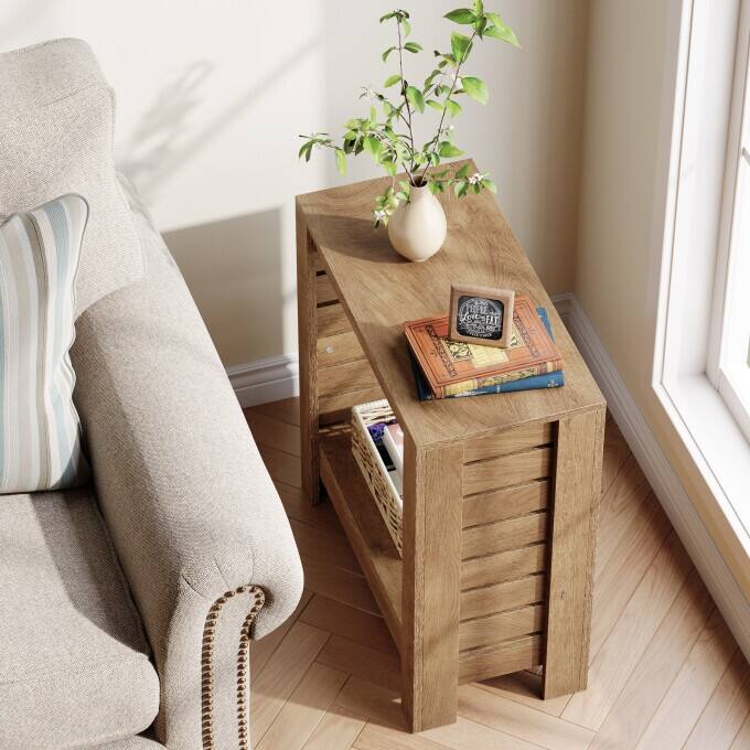 2-Tier Narrow End Table, Wooden Side Table For Living Room, Bedroom - 1PC