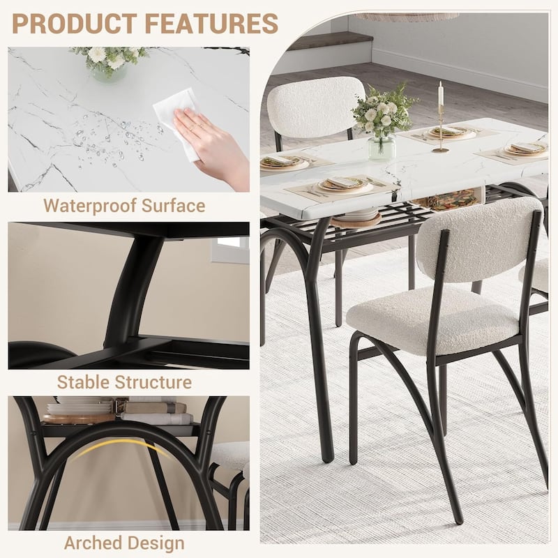 Dining Table Set for 4, with 4 Boucle Chairs and Storage Rack