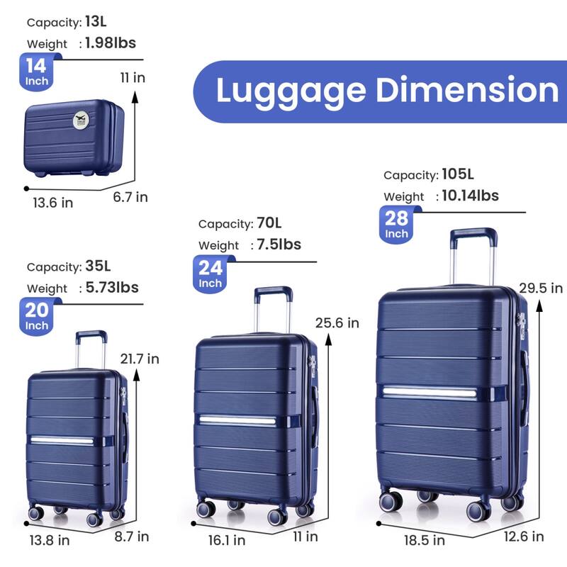 4 Piece Luggage Sets(14/20/24/28), PP Lightweight Expandable Suitcase Set with Spinner Wheels and TSA Lock