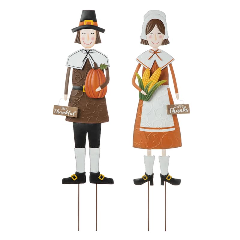 Glitzhome 36"H Fall Thanksgiving Metal Pilgrim Yard Stake Standing Hanging Decor (3 Functions)