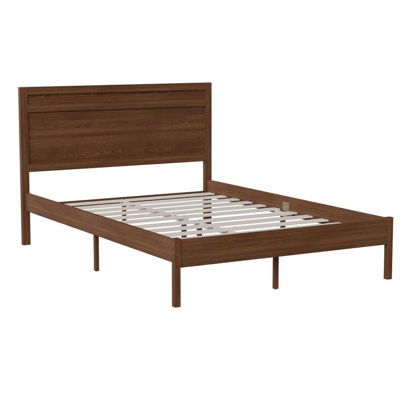 Modern Solid Wood Platform Bed with Headboard and Wooden Slats