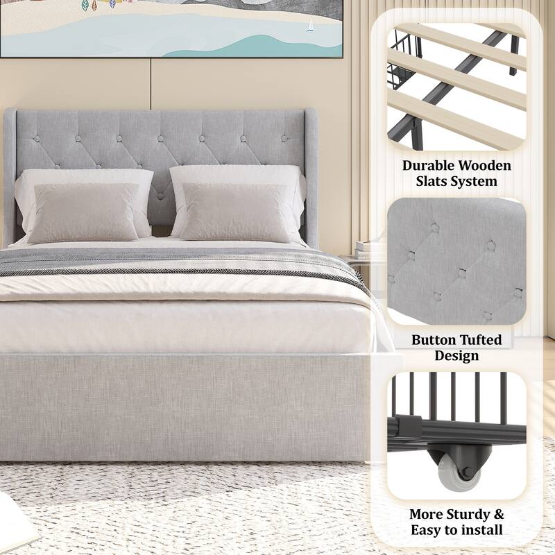Full Size Platform Bed Frame with Wingback Headboard and 4 Hidden Storage Drawers, Stylish and Functional Bedroom Furniture