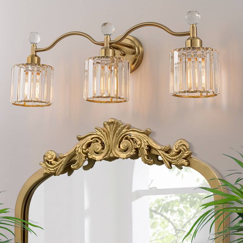 Starsky 3-Light Modern Crystal Bathroom Vanity Fixture with Ribbed Glass Shades and Sparkling Crystal Ball Accents - Polish Gold