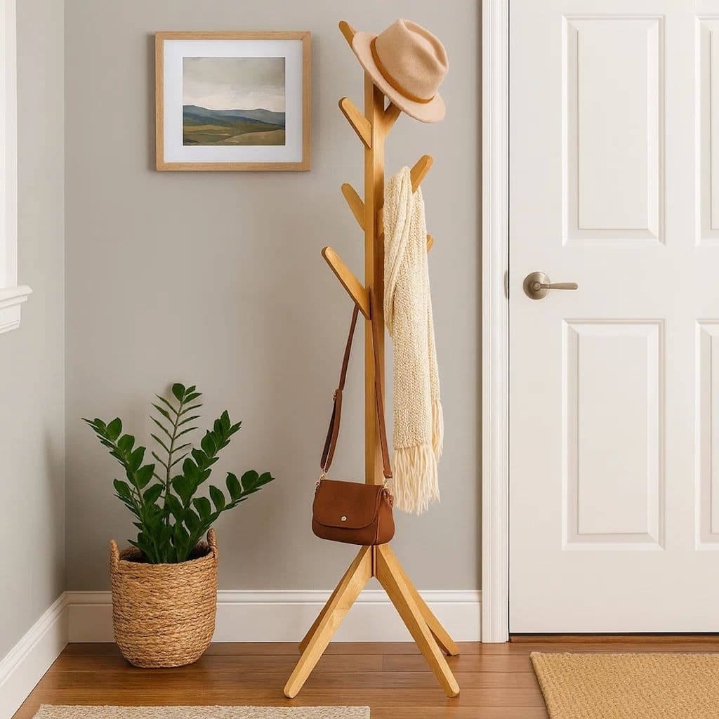 Margo Coat Rack, 8 Hooks, Tree Inspired Design, Oak Brown Solid wood