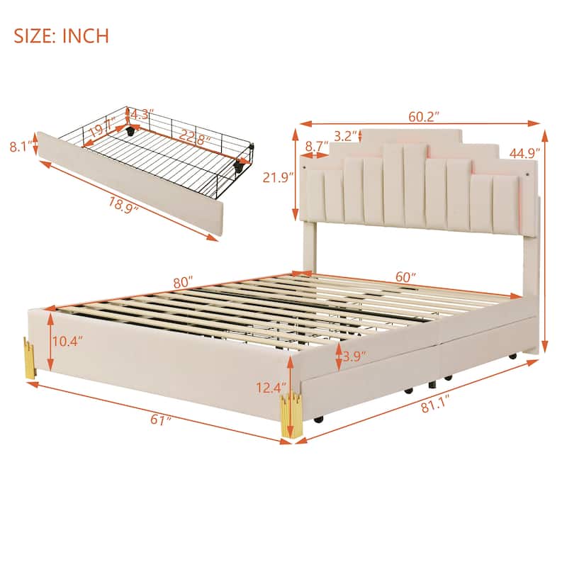 Platform Bed with LED Lights and 4 Drawers
