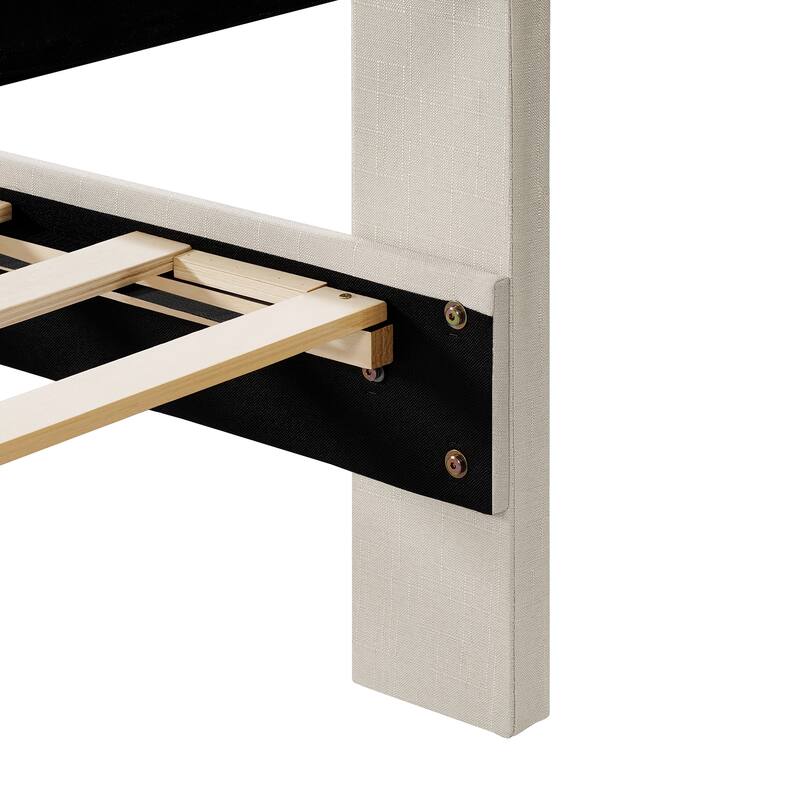 Queen Bed Frame with Wingback/Linen Upholstered Platform Bed with Square Stitched Headboard/Wood Slats Support/Solid Wood Legs