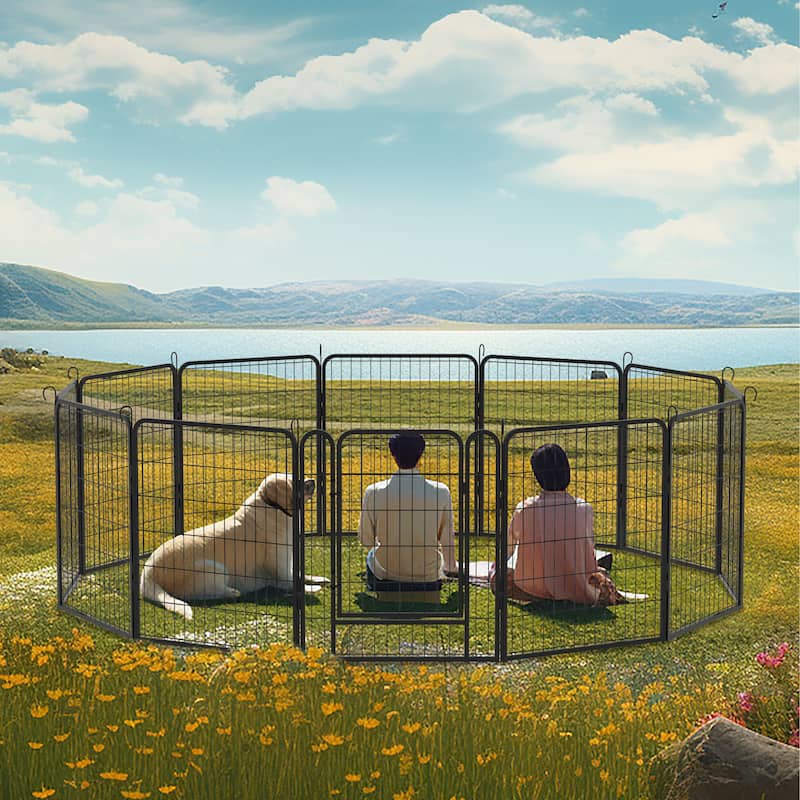 12 Panels Heavy Duty Metal Playpen with door,31.7"H Dog Fence Pet Exercise Pen for Outdoor - Black