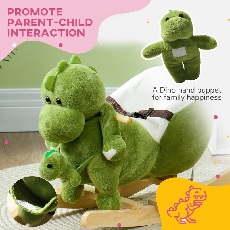 Dinosaur-Themed Baby Rocking Horse with 32 Songs, Safety Belt, Footrest & Plush Dinosaur Hand Puppet for Toddlers 18-36 Months