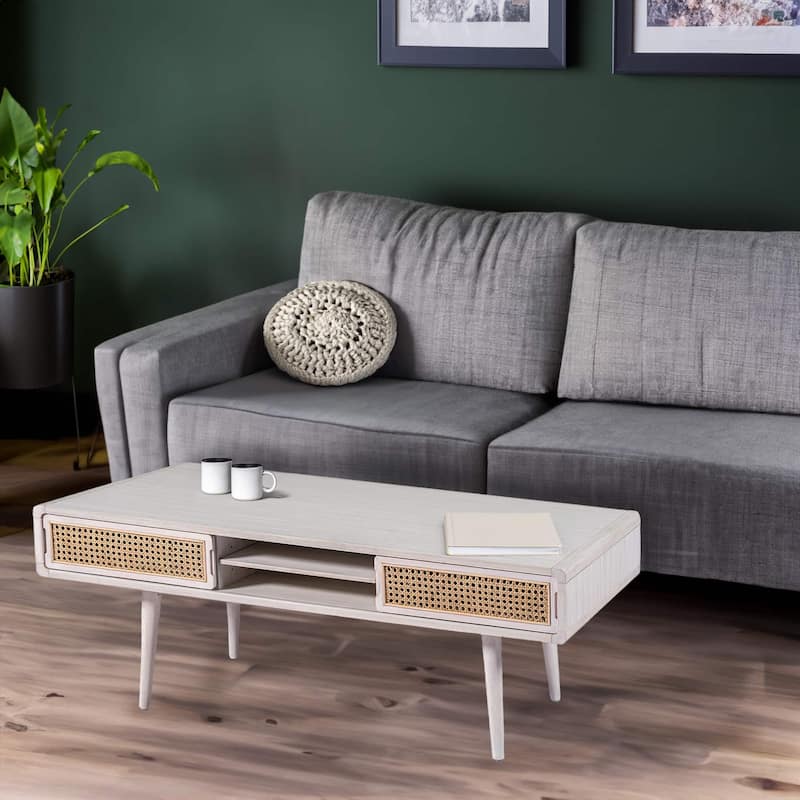 Cambria Wood and Cane Rectangular Coffee Table