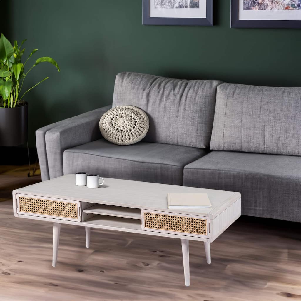 Cambria Wood and Cane Rectangular Coffee Table