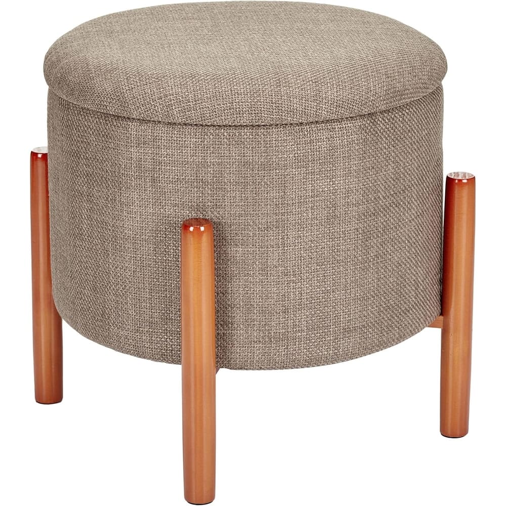 Modern Linen Ottoman with Pine Legs and Hidden Storage Flip Tray
