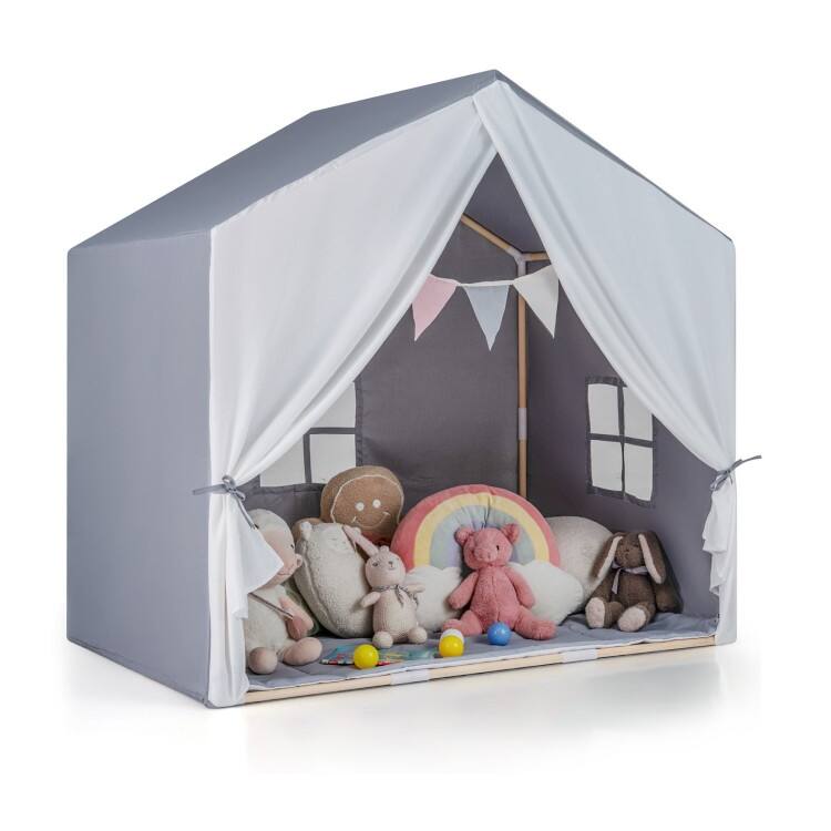 Kid's Play Tent with Washable Cotton Mat and Flag Banner - 52" x 36" x 51.5" (L x W x H) - Grey
