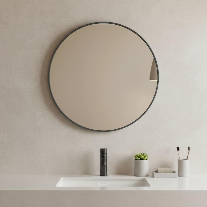 HomeRoots 20" Black Metal Round Framed Bathroom Vanity Mirror - 20.00 in. x 20.00 in. x 1.30 in. - 20.00 in. x 20.00 in.  x 1.30 in.