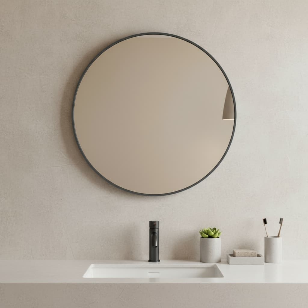 HomeRoots 20" Black Metal Round Framed Bathroom Vanity Mirror - 20.00 in. x 20.00 in. x 1.30 in.