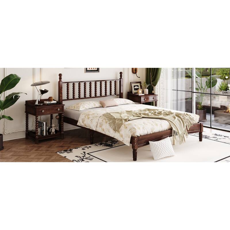 Queen Size Retro Platform Bed - Gourd-Shaped Headboard, Solid Wood Frame
