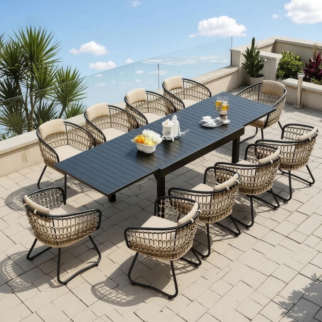 11 Piece Set Outdoor Aluminum Expandable Rectangle Patio Dining Table Set with Rattan Chairs