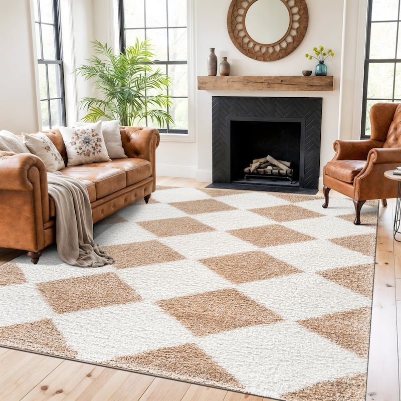Diamond Wave Shag Rug - Cozy Feel for Living Room, Bedroom, or Entryway - Anthracite Dark Gray - Medium Pile - Beige - 7' 10" x 10'