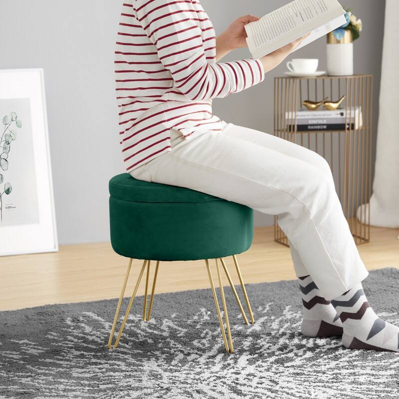 Round Velvet Storage Ottoman with Tray Top Table