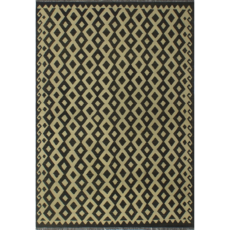 Hand-Woven Sangat Kilim Tordil Ivory/Black Rug - 5'9" x 8'1"