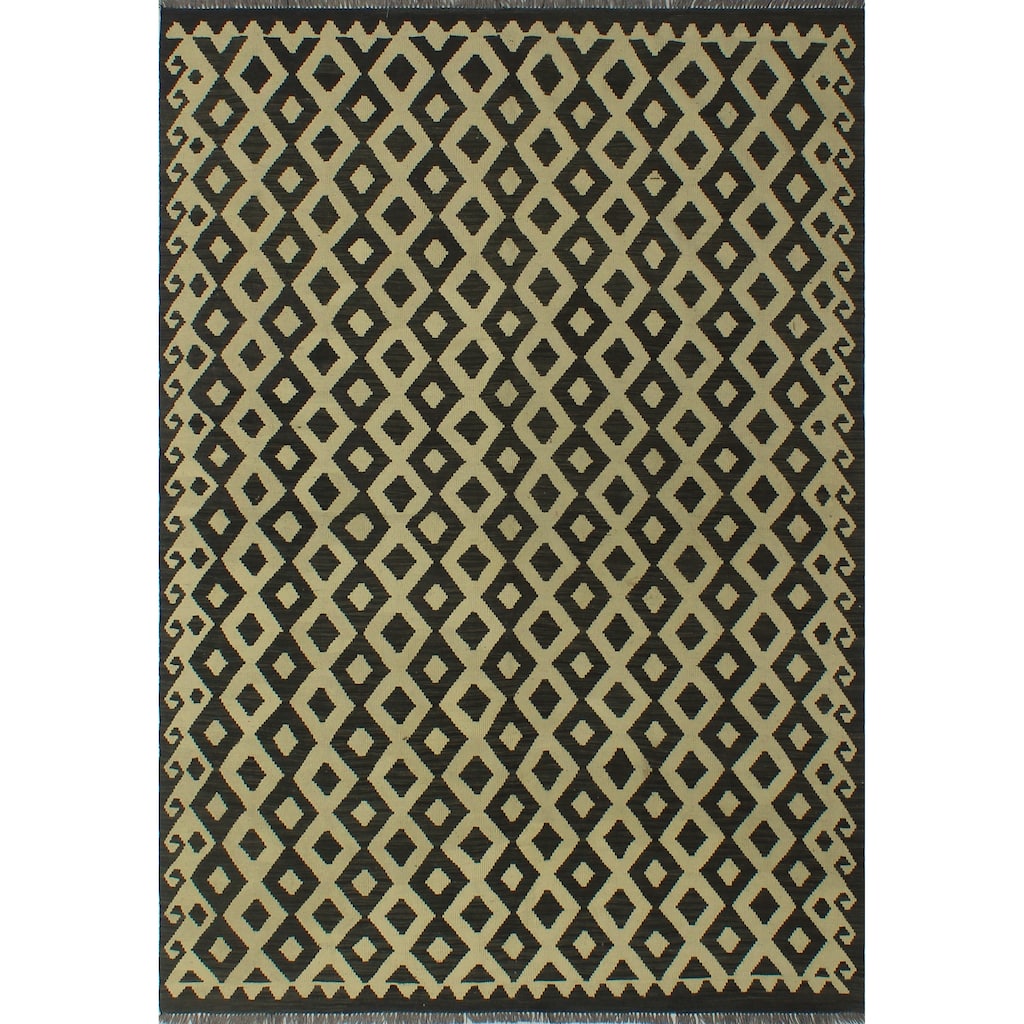 Hand-Woven Sangat Kilim Tordil Ivory/Black Rug - 5'9" x 8'1"