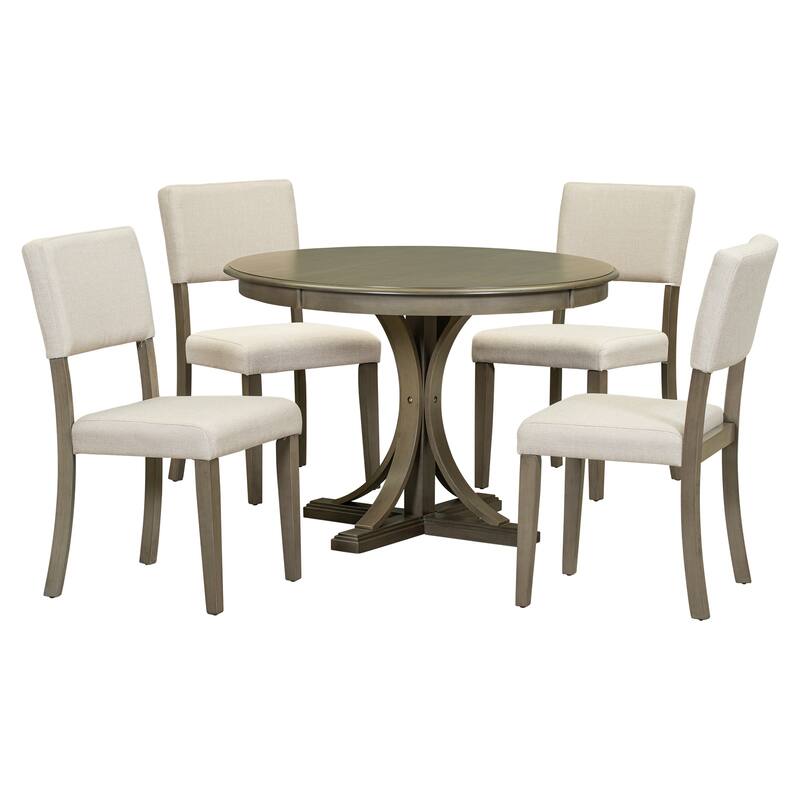 Round Dining Table with Curved Trestle Legs, 5-Piece Dining Table and Chairs Set, Four Upholstered Chairs