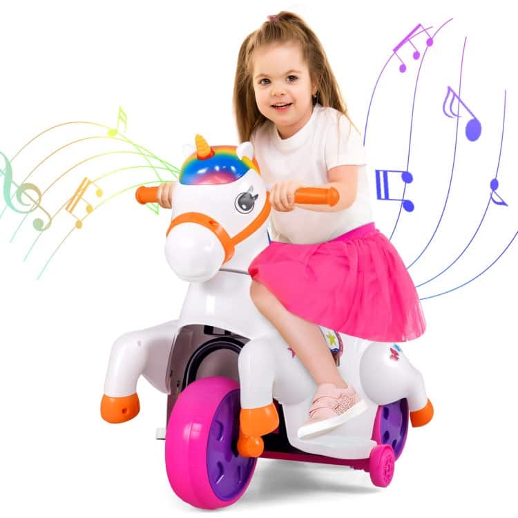 Kids 12V Unicorn Ride-On Toy with Training Wheels Fun and Safe Horse Riding Mode - 27” L x 15” W x 22.5” H