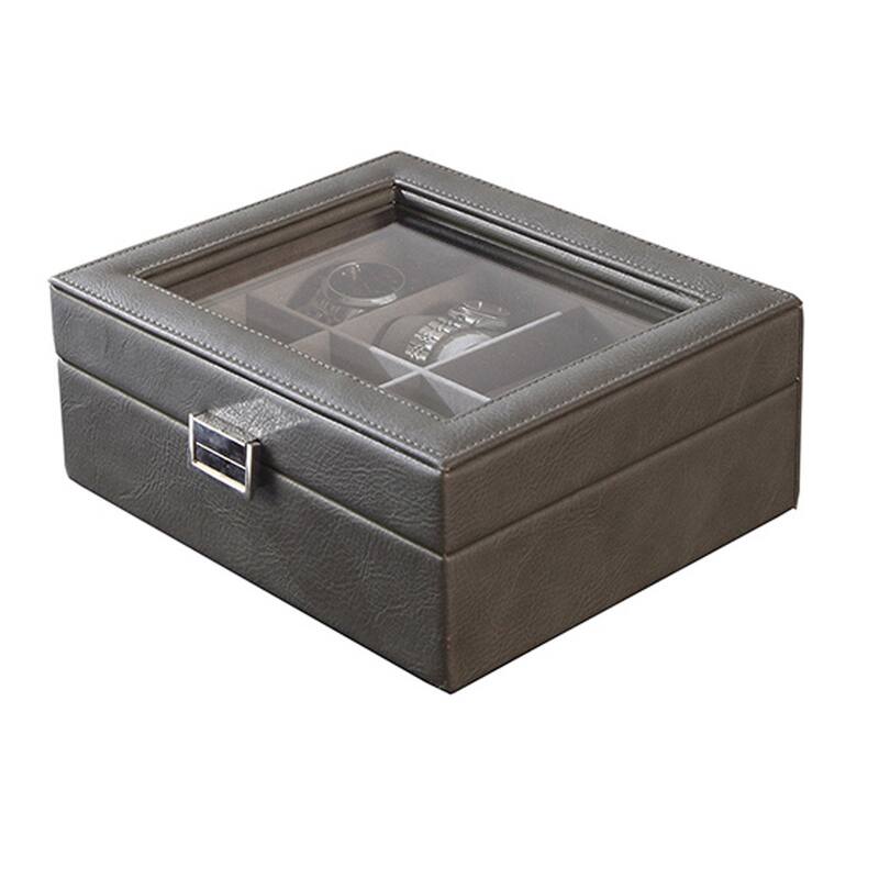 9 Inch Watch Case with 8 Spaces, Gray Faux Leather, Lined, Glass Lid, Black