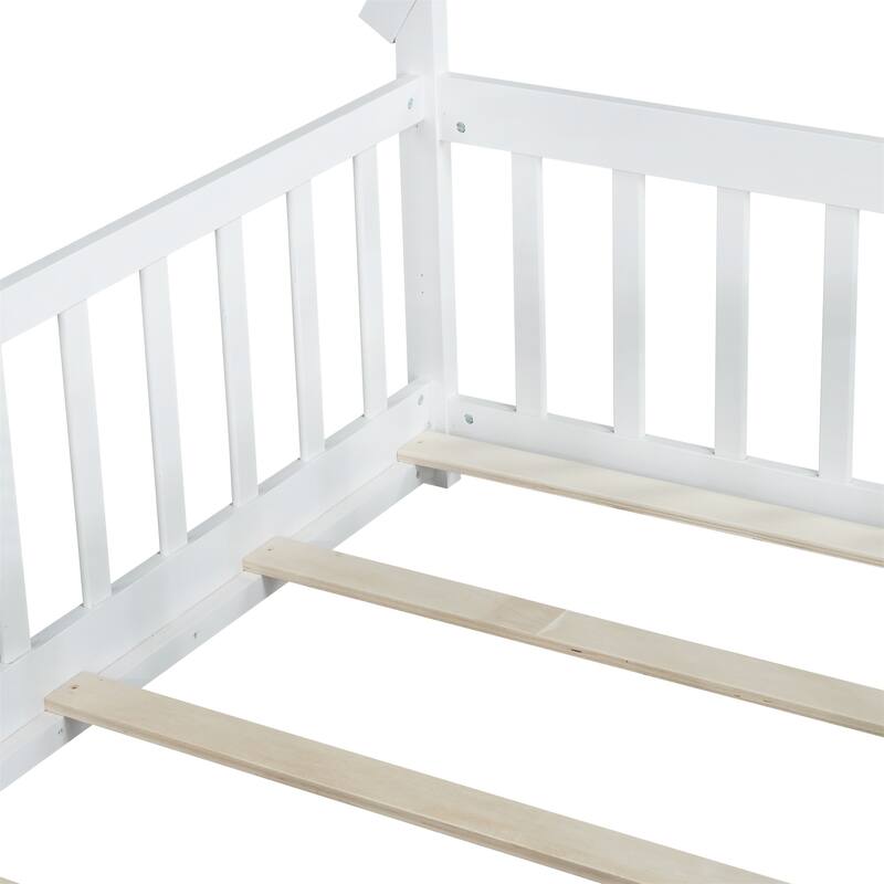 Full Size Rubber Wood Tent-shaped Floor Bed with Guardrails