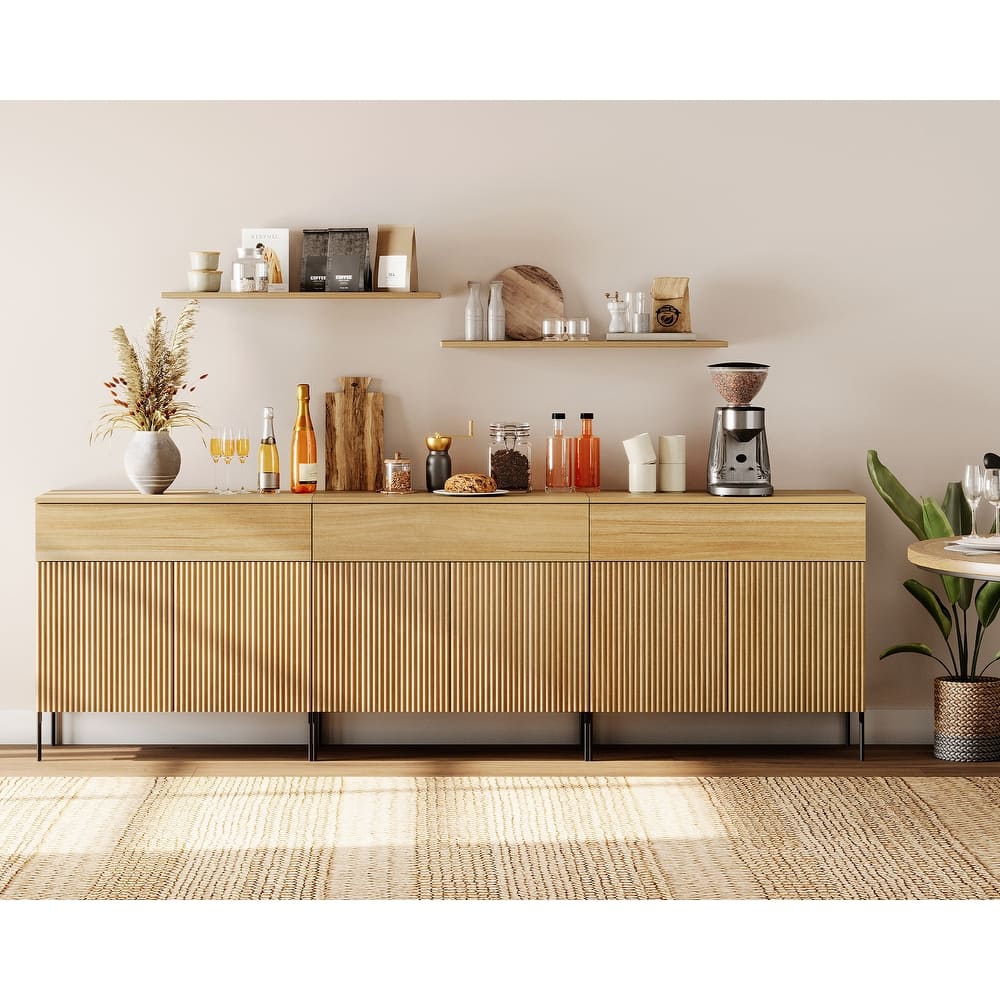 31.5" Wooden Reeded Sideboard With Doors And Drawer, Modern Credenza Storage Cabinet