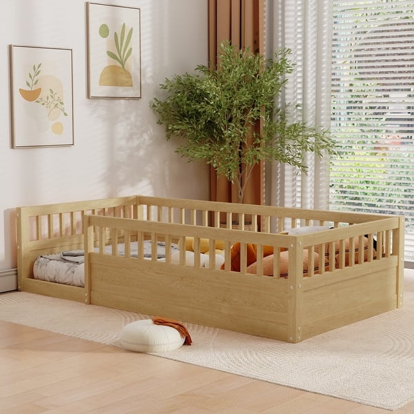 slide 2 of 8, Twin Size Wood Kids Floor Beds Frame with Fence and High Guardrails for Bedroom Playroom Natural