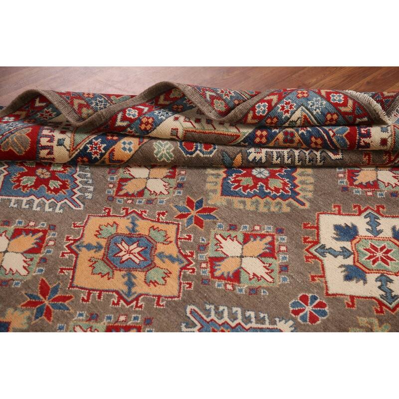Geometric Brown Kazak Area Rug Handmade Wool Carpet - 6'7" x 9'10"