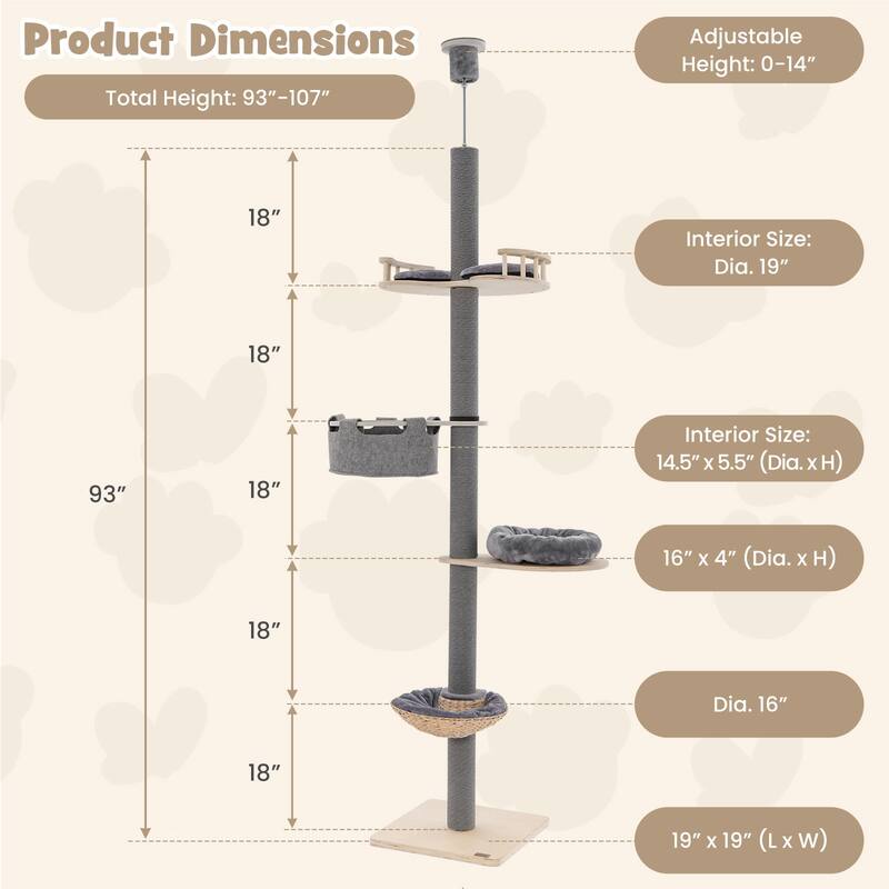 Floor to Ceiling Cat Tree with 93 Inch-107 Inch Adjustable Height