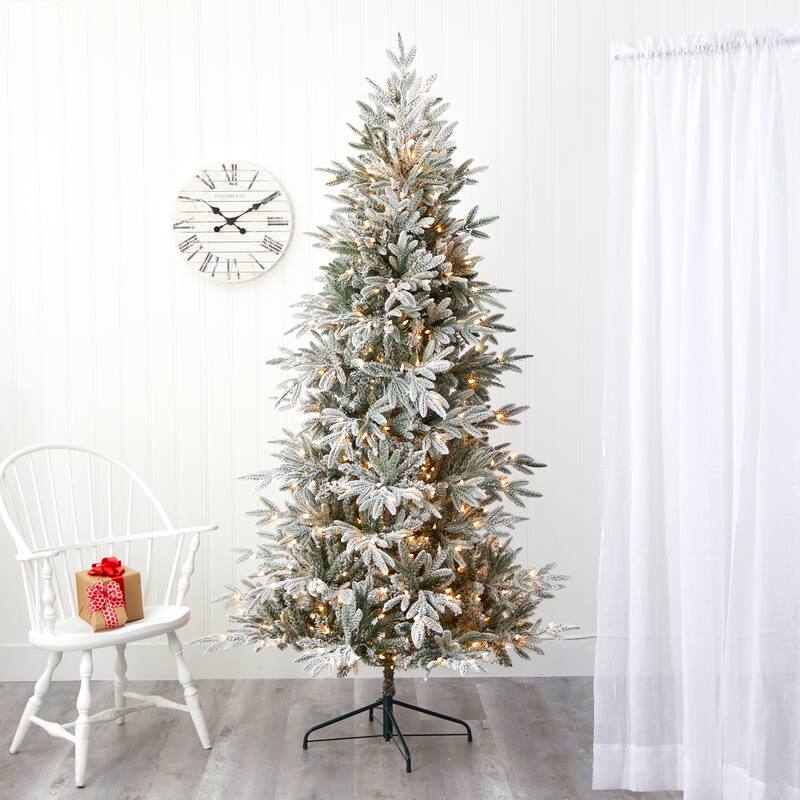 7.5’ Pre-Lit Flocked Manchester Spruce Artificial Christmas Tree, Warm Clear LED Lights - 7 Foot