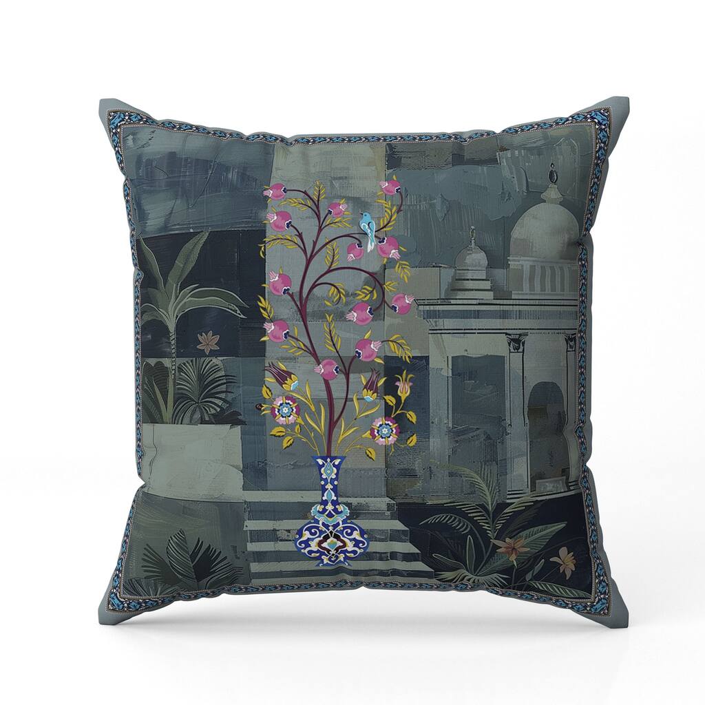 Shahi Garden Bloom Faux Suede Reversible Throw Pillow Blue and Green