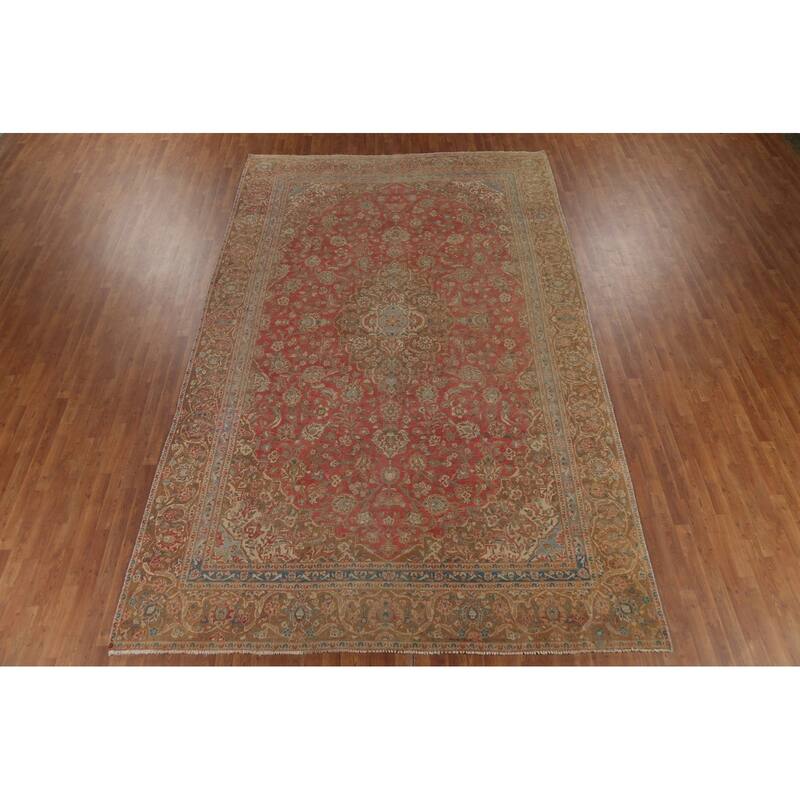 Distressed Mashad Persian Vintage Rug Hand-Knotted Floral Wool Carpet - 8'10"x 13'10"
