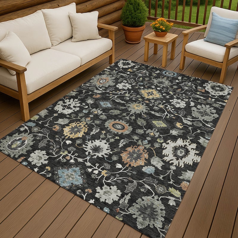 Machine Washable Indoor/ Outdoor Traditional Marci Chantille Rug - Black - 9' x 12'