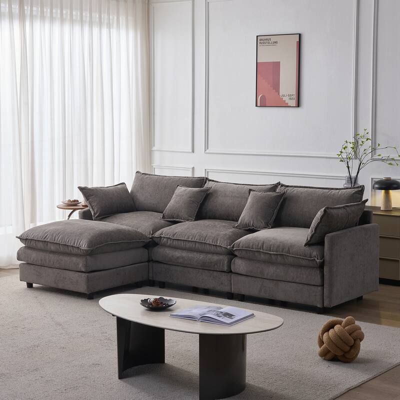 Upholstered Soft Chenille Fabric Sofa,3 Seater with Ottoman L Shape Sofa