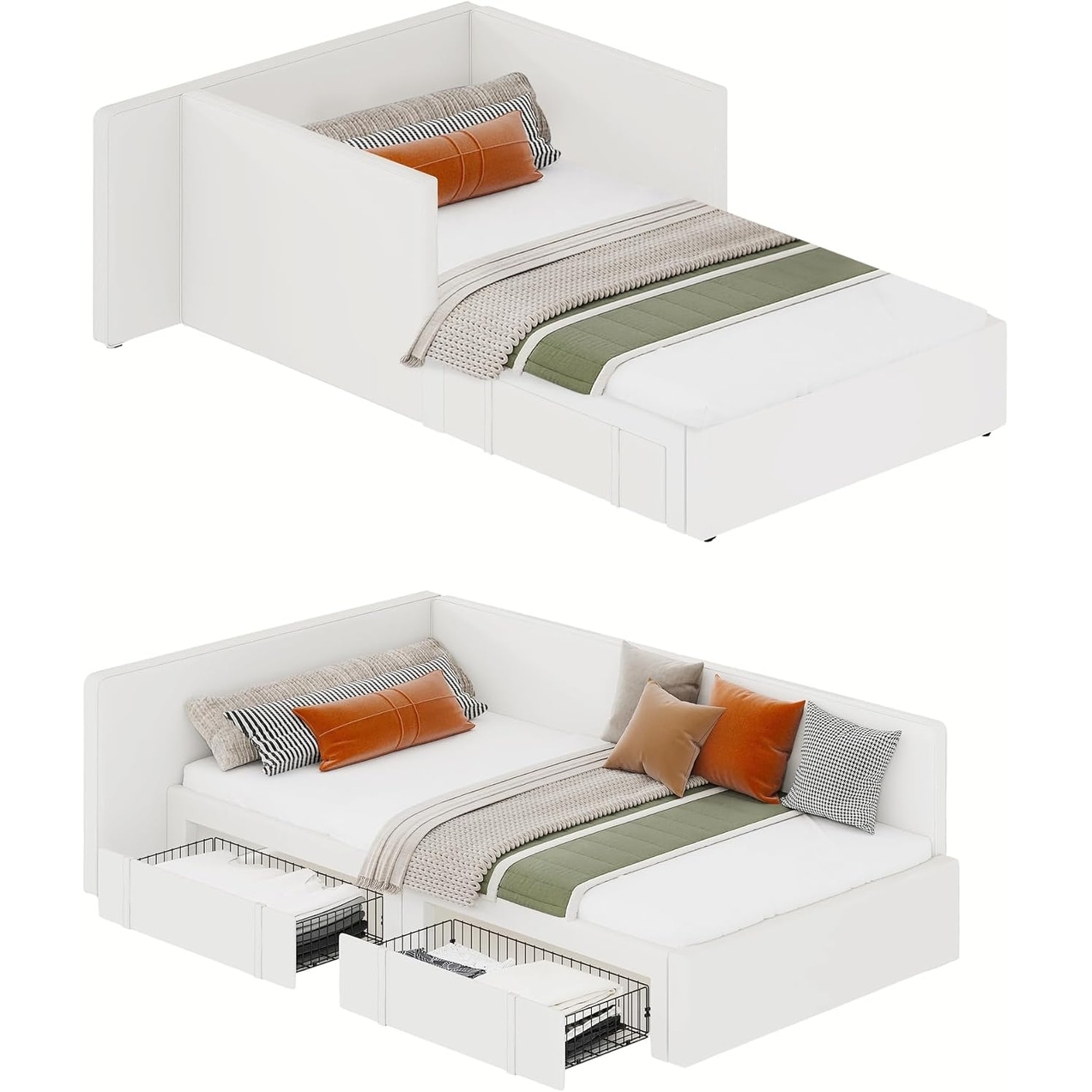 Twin Velvet Daybed, 2 Drawers, Extended Headboard & Guardrails, Beige