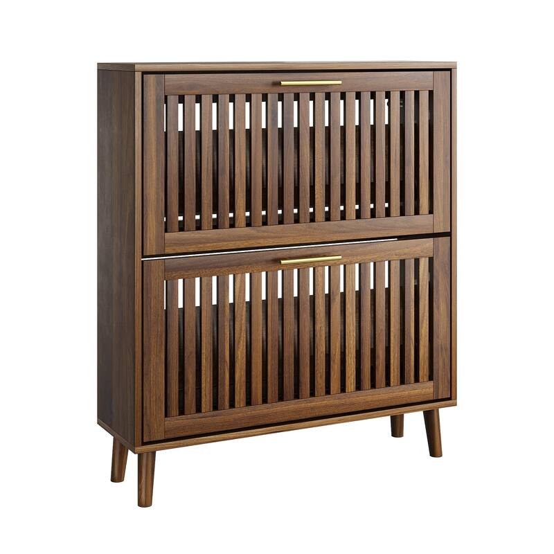 Anmytek Walnut Mid-Century Modern Shoe Cabinet with 2 Flip Drawers