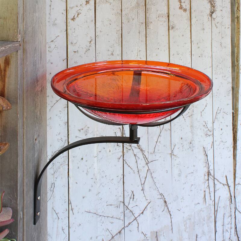 Achla Designs Reflective Crackle Glass Birdbath Bowl With Wall Mount Bracket, 12.5 Inch Diameter, Red