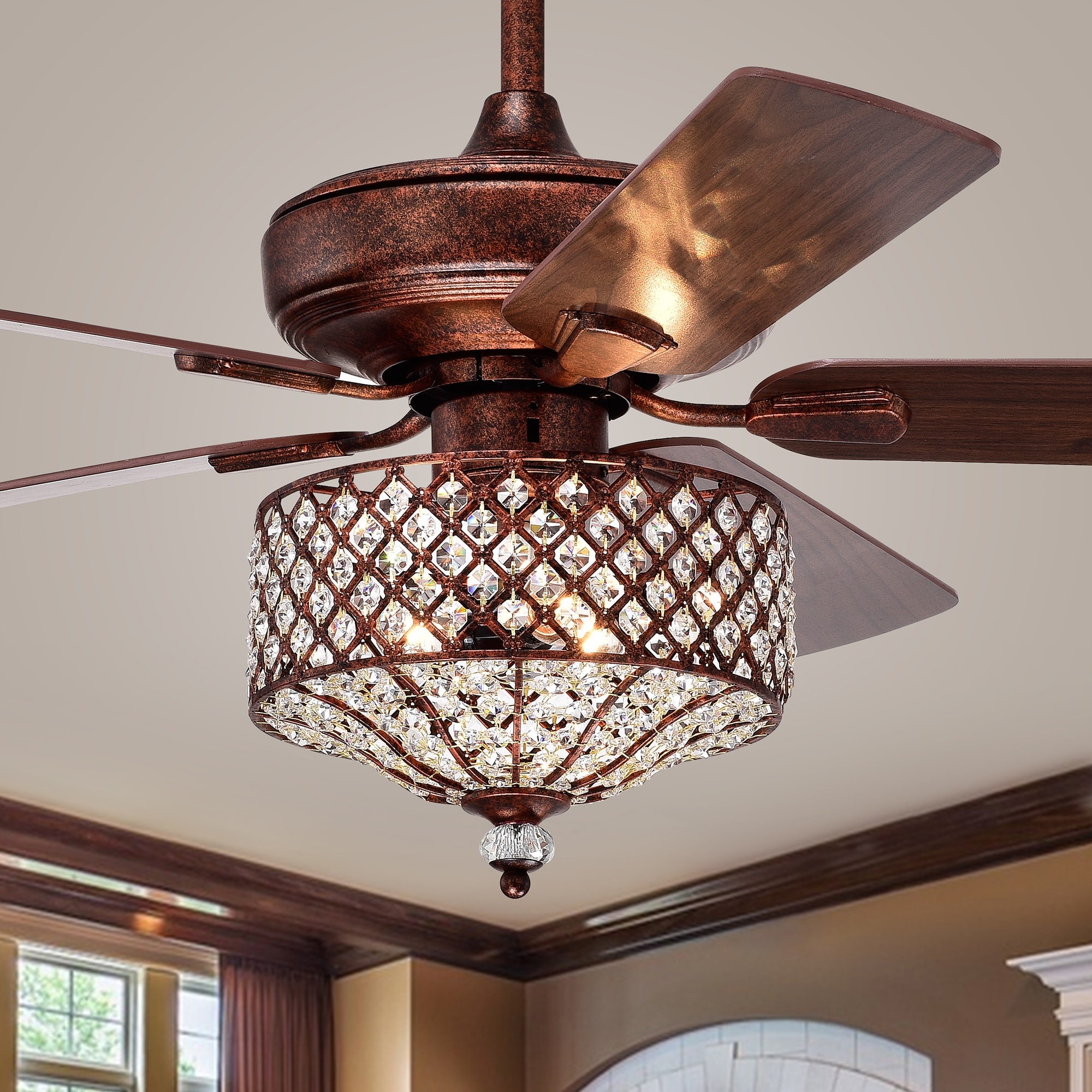 Warehouse of Tiffany Irene Rustic Bronze 52-Inch 5-Blade Metal/Crystal Drum Shade Lighted Ceiling Fan (Includes Remote)