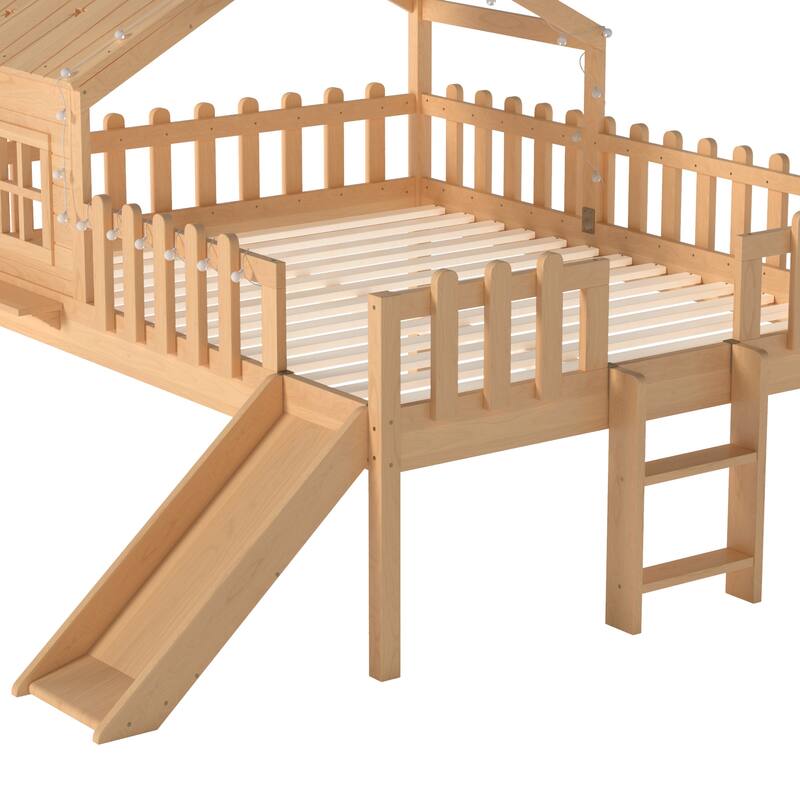 Full Size House Loft Bed with Slide,Playhouse Bed with Star Moon-shaped Designs and Window, Chic Design with LED Lights