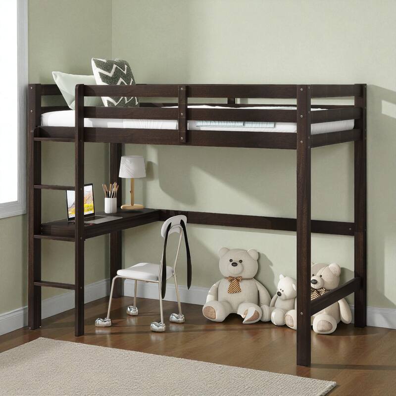 Twin Size Wooden High Loft Bed with Built-in Desk and Ladder, Solid Rubber Wood Loft Bed with Safety Guardrails