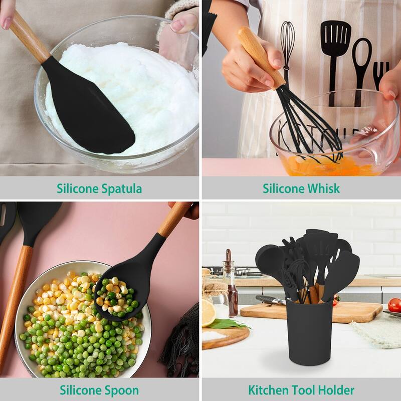 11-Piece Silicone Kitchen Utensil Set Heat-Resistant with Wooden Handles Spatulas Ladle - 4.72 × 4.72 × 6.18 in